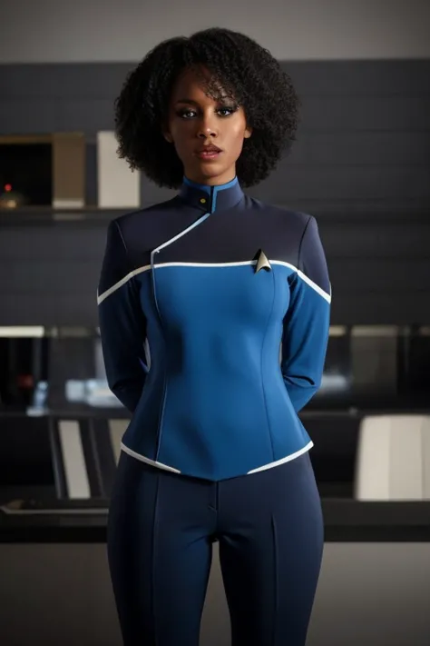 Black woman wearing blue sttldunf uniform,jamesdaly artstyle,