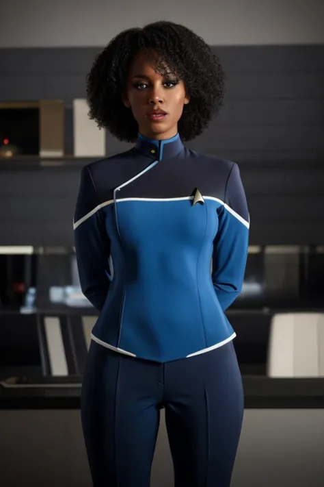 black woman wearing blue sttldunf uniform,jamesdaly artstyle,