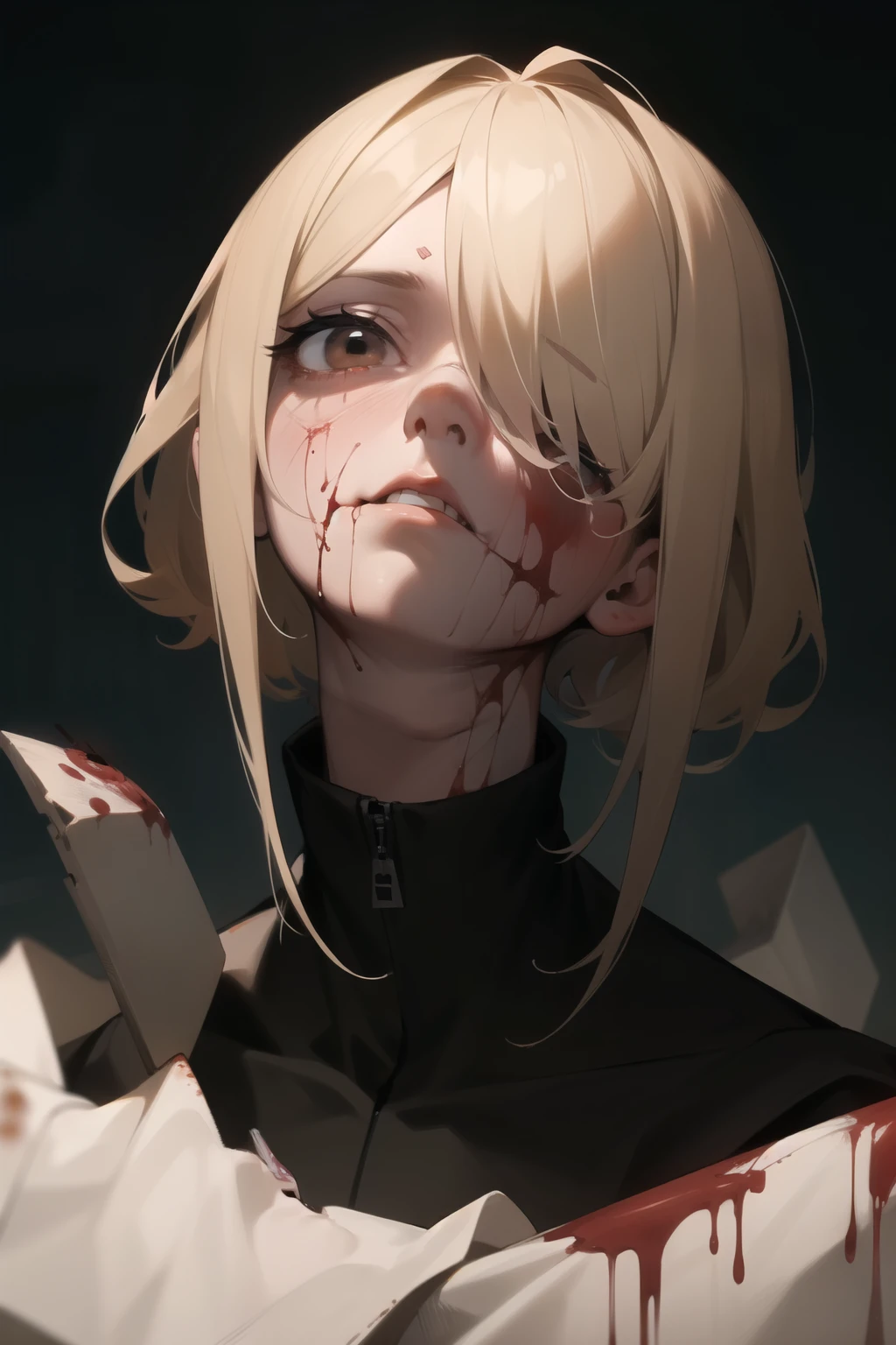 One, blonde girl, wounded eye,  bloody eye, missing eye, one eyed, brown eye, scared face, horror, despair, wound, blood on the face, looking up, masterpiece, Best quality, dark background, night