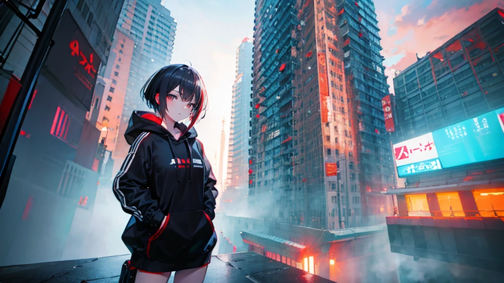 Girl looking down from high up,building,city,black hair,hoodie,boyish girl,short hair,,red sunset,scenery,building,detailed face,beautiful eyes,black tights,street light,traffic light,pedestrian crossing,telephone pole,thick_thighs,big breasts
