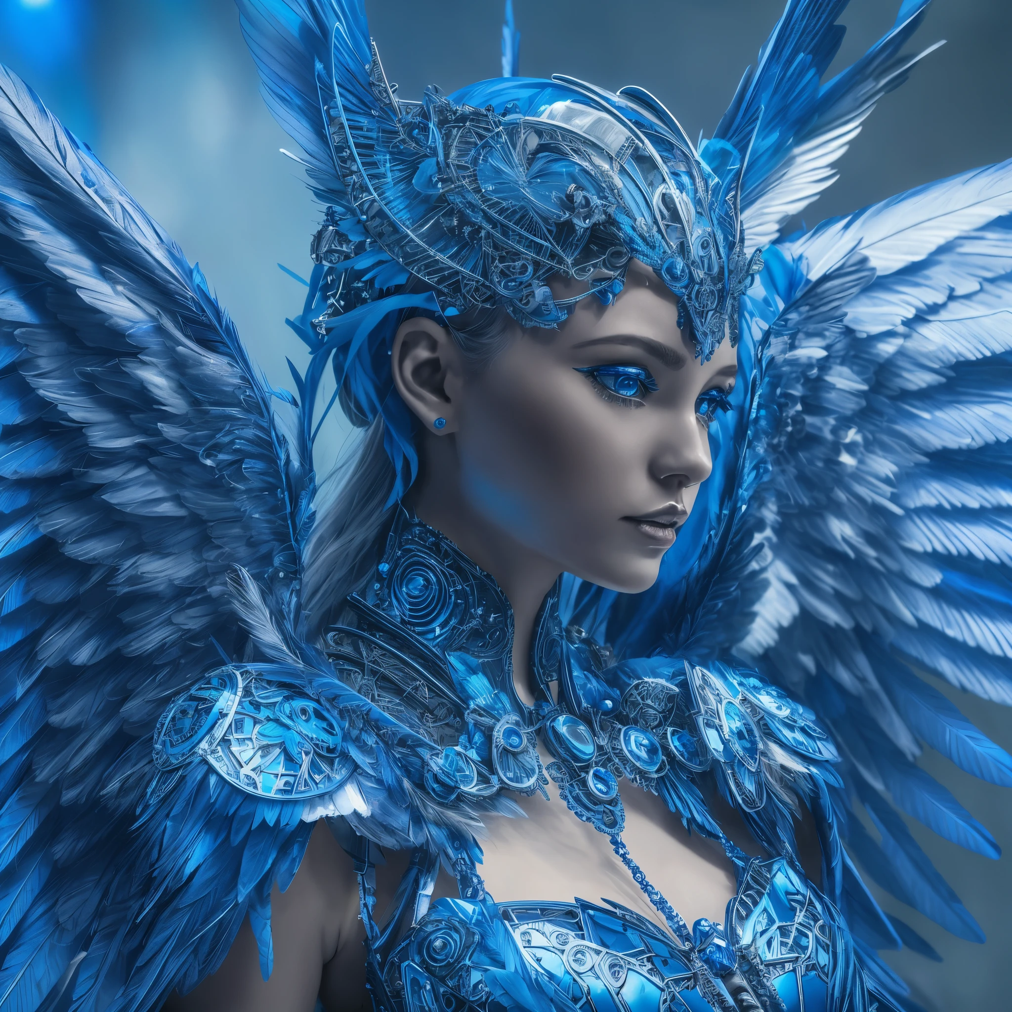 Close-up of a woman in a blue dress with wings, full body angel, futuristic robot angel, amazing angel wings, angel knight gothic girl, angel in plastic armor, intricate costume designs, As a mysterious Valkyrie, The whole body is made of blue feathers,, futuristic and fantastic, Blue wings, beautiful angel wings, steampunk angel, beautiful cyborg angel girl, graceful wings