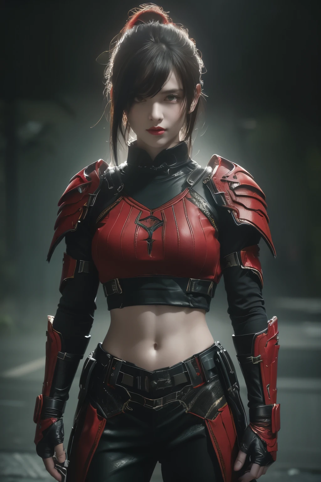 tmasterpiece,Best quality,A high resolution,8K,(Portrait photograph:1.5),(ROriginal photo),real photograph,digital photography,(Combination of cyberpunk and fantasy style),(Female soldier),20 year old girl,random hair style,By bangs,(Red eyeigchest, accessories,Redlip,(He frowned,Sneer),(Cyberpunk combined with fantasy style clothing,Openwork design,joint armor,police uniforms,Red clothes,Green),exposing your navel,Photo pose,Realisticstyle,Thunder and lightning on rainy day,(Thunder magic),oc render reflection texture