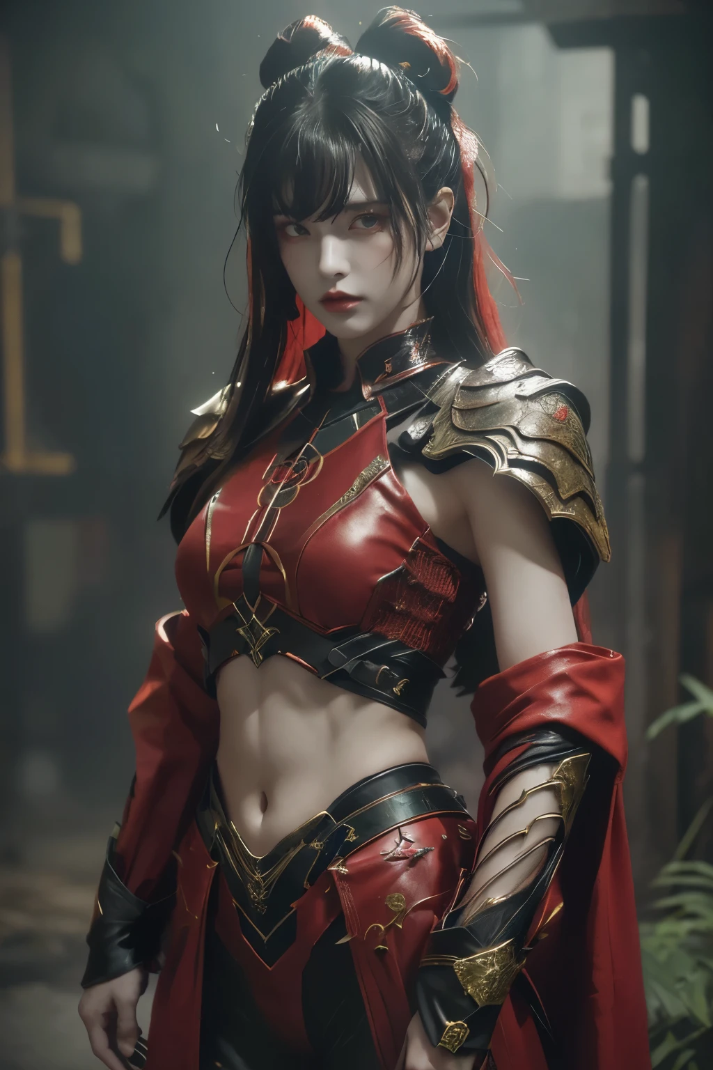 tmasterpiece,Best quality,A high resolution,8K,(Portrait photograph:1.5),(ROriginal photo),real photograph,digital photography,(Combination of cyberpunk and fantasy style),(Female soldier),20 year old girl,random hair style,By bangs,(Red eyeigchest, accessories,Redlip,(He frowned,Sneer),(Cyberpunk combined with fantasy style clothing,Openwork design,joint armor,police uniforms,Red clothes,Green),exposing your navel,Photo pose,Realisticstyle,Thunder and lightning on rainy day,(Thunder magic),oc render reflection texture