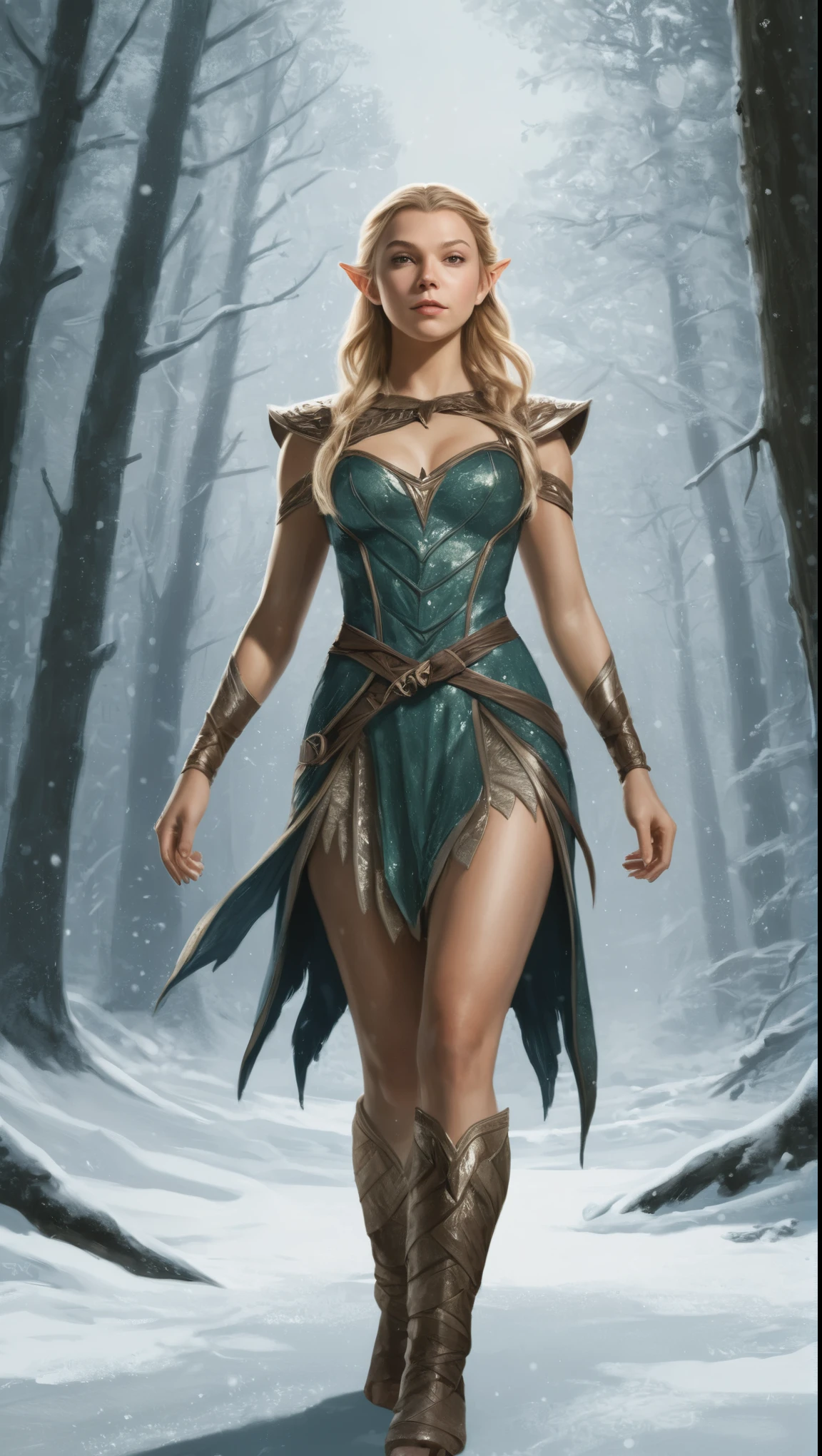 An illustrated movie poster, hand-drawn, full color, a teenage elven girl, wearing a sequin loincloth, resembles Natalie Dormer, sun-tanned complexion, very tall, athletic body, hourglass figure, curvy, toned midriff, bottom-heavy, generous hips, massive bubble-butt, long legs, ridiculously thick powerful thighs, long pointy elf ears, blonde hair, long loose waves, posing in a snowy boreal forest, hard shadows, graphite shading, stencil marks, airbrushed acrylic paint, masterpiece, in the style of Skyrim 
