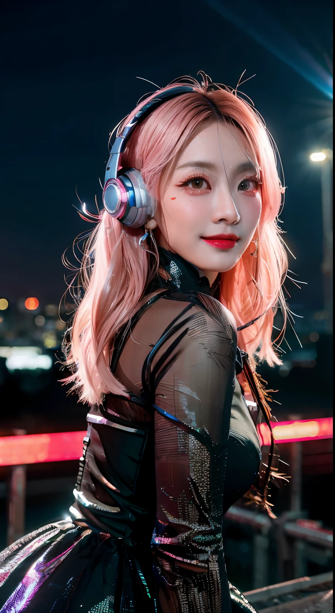 Singer, microphone in hand, cyberpunk microphone, singing, 1 girl, Chinese_clothes, liquid silver and pink, cyberhan, cheongsam, cyberpunk city, dynamic pose, glowing headphones, glowing hair accessories, long hair, glowing earrings, glowing necklace, cyberpunk, high-tech city, full of mechanical and futuristic elements, futuristic, technology, glowing neon, pink, pink light, transparent tulle, transparent streamers, laser, digital background urban sky, big moon, with vehicles, best quality, masterpiece, 8K, character edge light, super high detail, high quality, the most beautiful woman in human beings, micro smile, face left and right symmetry, ear antenna, beautiful pupil light effect, visual data