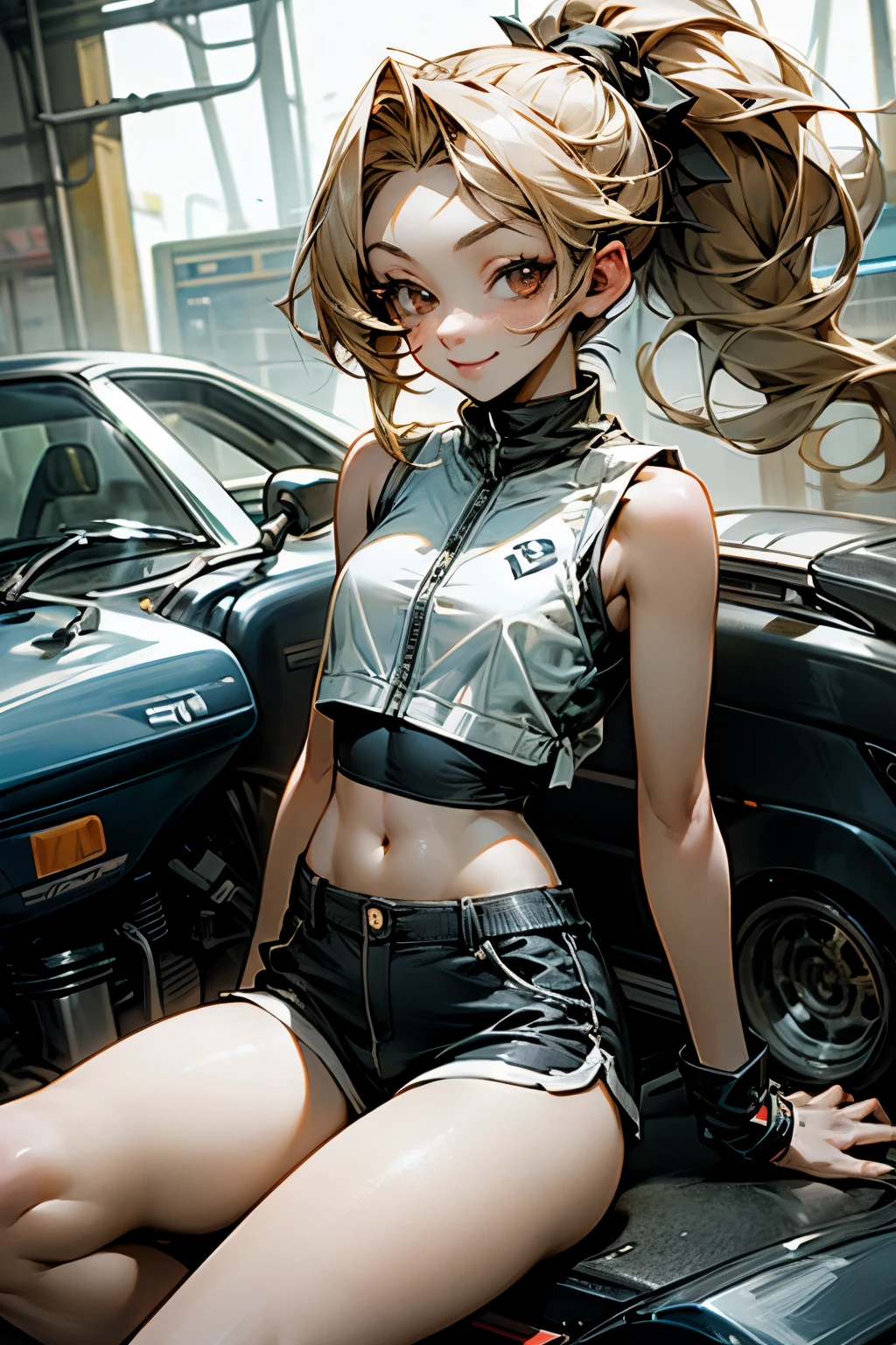 Anime girl sitting on a motorcycle with her hair in a ponytail - SeaArt AI