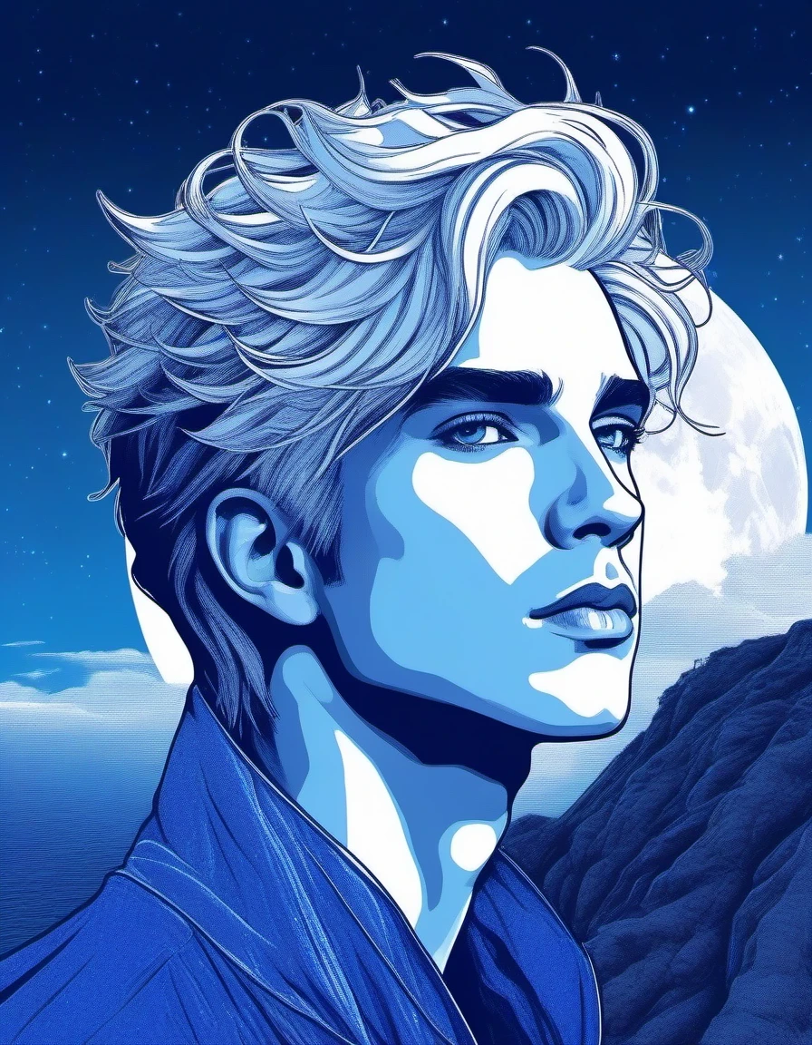 Halftone printing style , portrait，（The blue-haired and blue-eyed prince sitting on the cliff is looking up at the sky close-up），（short hair）（An unusually handsome androgynous face）, Wearing royal blue clothes，Strong wind，，blue ark night,  Beautifully detailed blue theme，Coloring book style , 