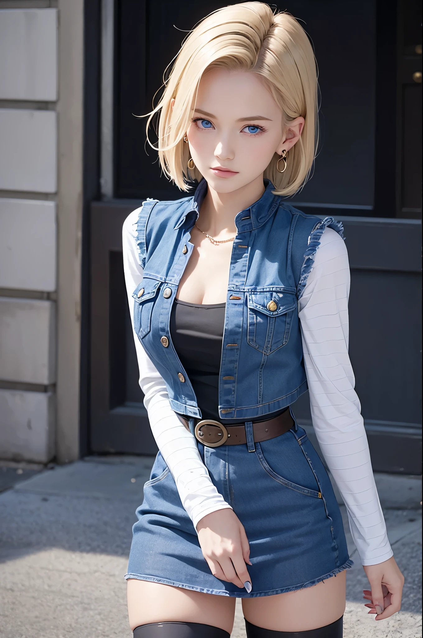 best quality, high resolution, and 18, 1 girl in, Android 18, alone, blonde hair, blue eyes, short hair, earrings, jewelry, denim dress, open vest, black pantyhose, Black shirt, Denim skirt, striped long sleeves, blue skirt, medium breasts, Cowboy shooting, street, (chest expansion: 1.2)