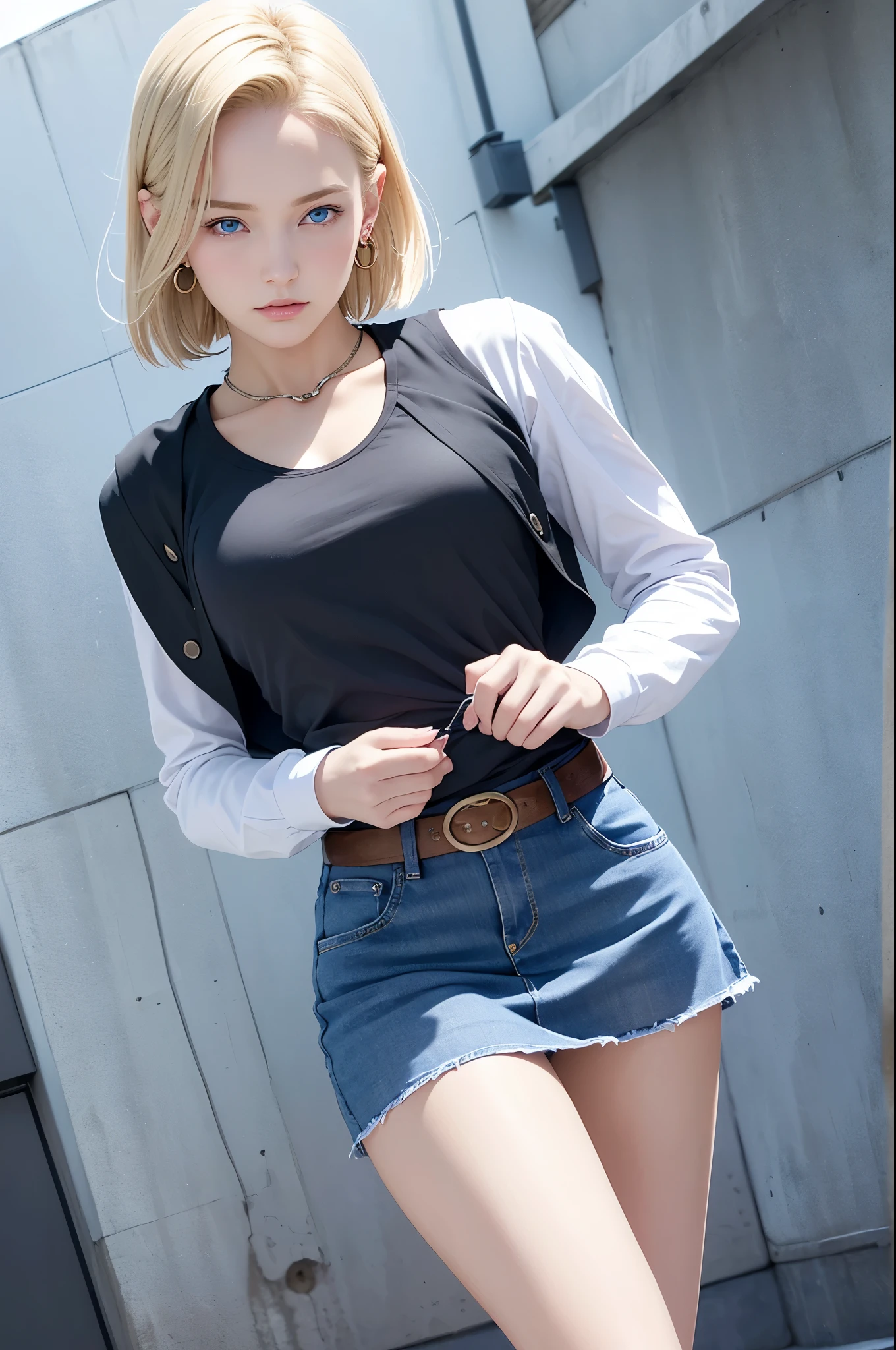 best quality, high resolution, and 18, 1 girl in, Android 18, alone, blonde hair, blue eyes, short hair, earrings, jewelry, denim dress, open vest, black pantyhose, Black shirt, Denim skirt, striped long sleeves, blue skirt, medium breasts, Cowboy shooting, street, (chest expansion: 1.2)