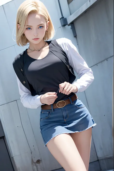 best quality, high resolution, and 18, 1 girl in, Android 18, alone, blonde hair, blue eyes, short hair, earrings, jewelry, deni...