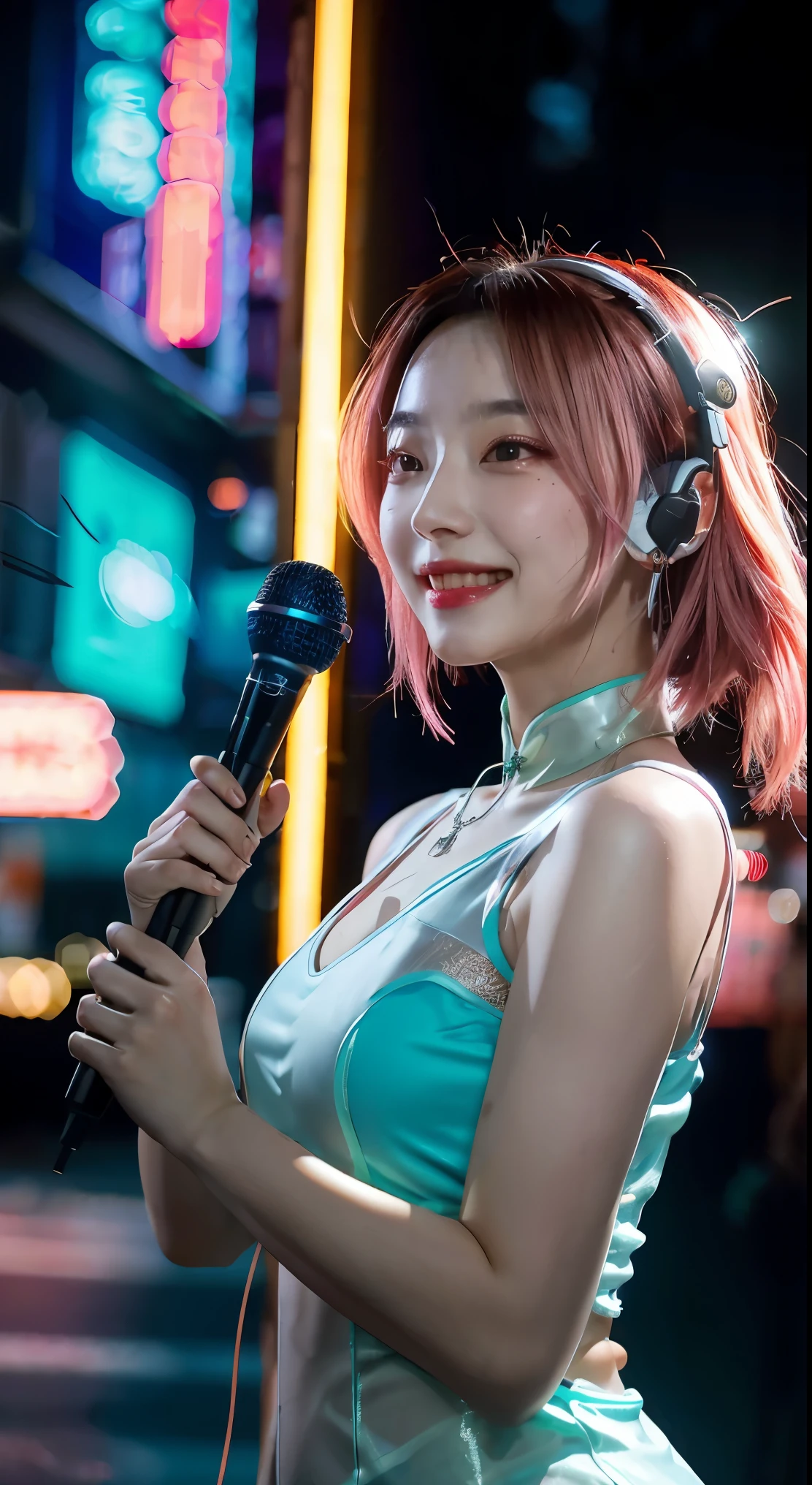 Singer, microphone in hand, cyberpunk microphone, singing, 1 girl, Chinese_clothes, liquid silver and pink, cyberhan, cheongsam, cyberpunk city, dynamic pose, glowing headphones, glowing hair accessories, long hair, glowing earrings, glowing necklace, cyberpunk, high-tech city, full of mechanical and futuristic elements, futuristic, technology, glowing neon, pink, pink light, transparent tulle, transparent streamers, laser, digital background urban sky, big moon, with vehicles, best quality, masterpiece, 8K, character edge light, super high detail, high quality, the most beautiful woman in human beings, micro smile, face left and right symmetry, ear antenna, beautiful pupil light effect, visual data