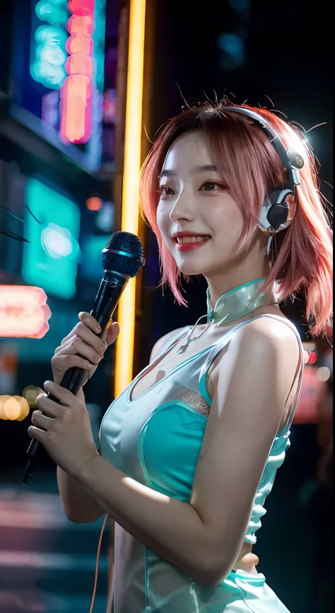Singer, microphone in hand, cyberpunk microphone, singing, 1 girl, Chinese_clothes, liquid silver and pink, cyberhan, cheongsam,...
