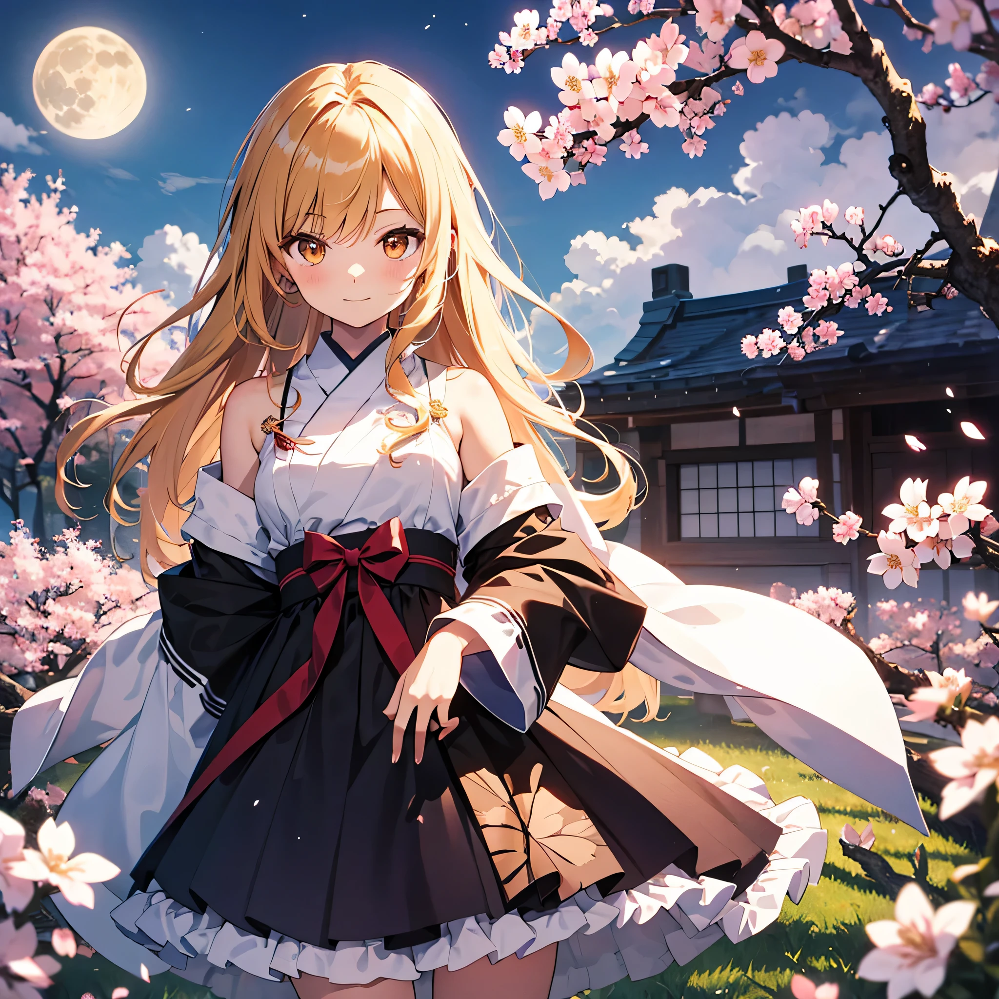 Illustration of Marisa Kirisame, small details, 4k,beautiful girl, white woman,Western-style building, cherry blossom, full moon,highest quality, orange eyes, dress,long hair,masterpiece,intricate details, beautiful and detailed face, See-through, looking at the viewer,dull bangs, Happy, Are standing, cowboy shot,blonde hair,miko,mikoFUKU,chihaya,one person,
