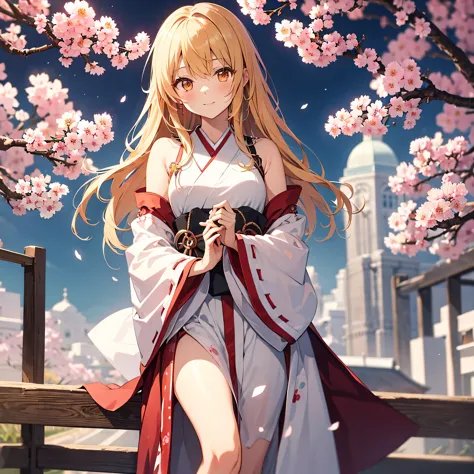 Illustration of Marisa Kirisame, small details, 4k,beautiful girl, white woman,Western-style building, cherry blossom, full moon...