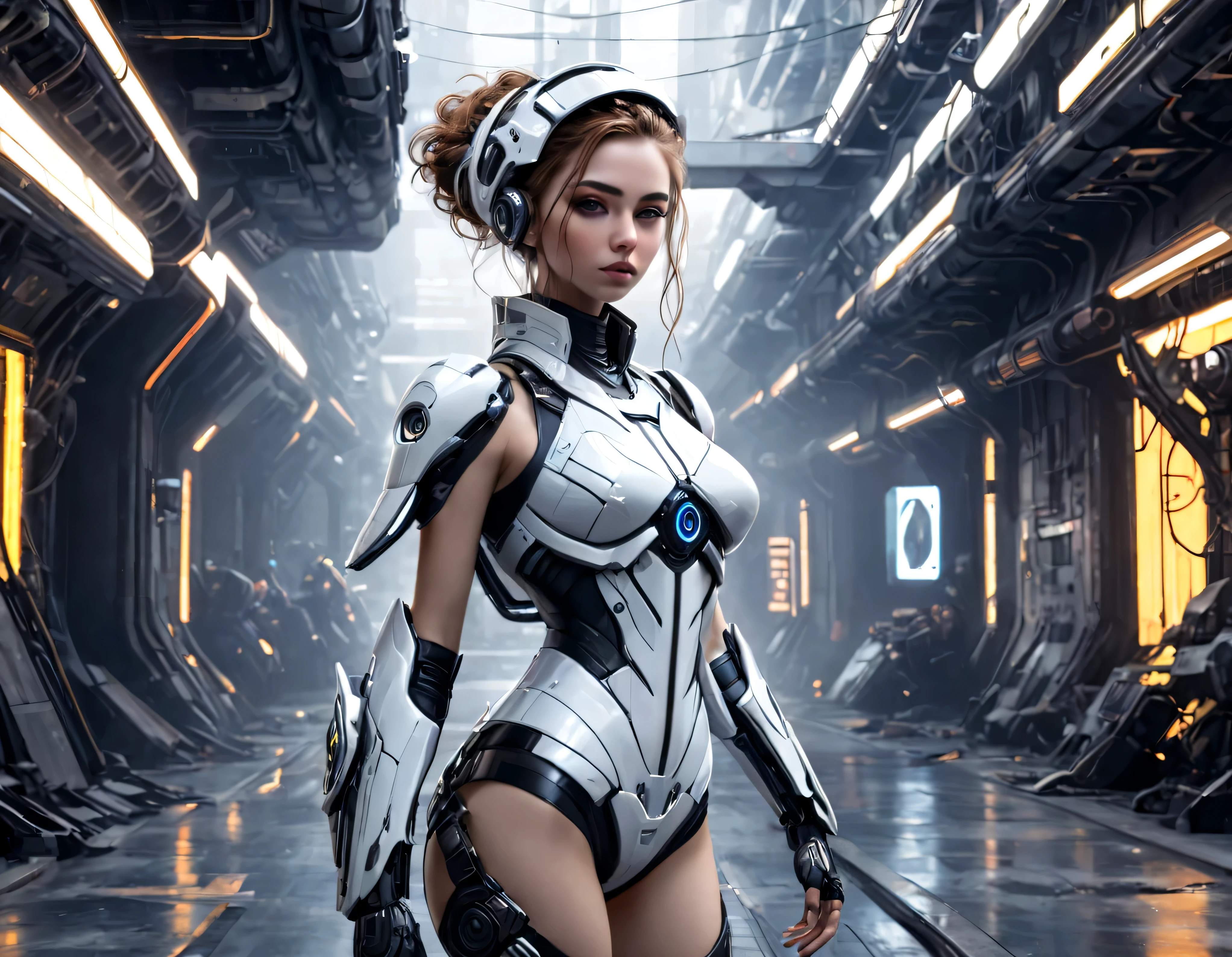  una chica futurista, (cuerpo grueso), (traje blanco), luces en la armadura, Cyber hat, mirar al espectador, dynamic pose, post apocalyptic, fondo de ciudad destruida, edificios en llamas, Science fiction,  (intrincados detalles de la maquina).imagen fotorrealista,nitidez maxima, calidad 8k.(obra maestra de calidad superior).(renderizado 3d). obra maestra de superior calidad.