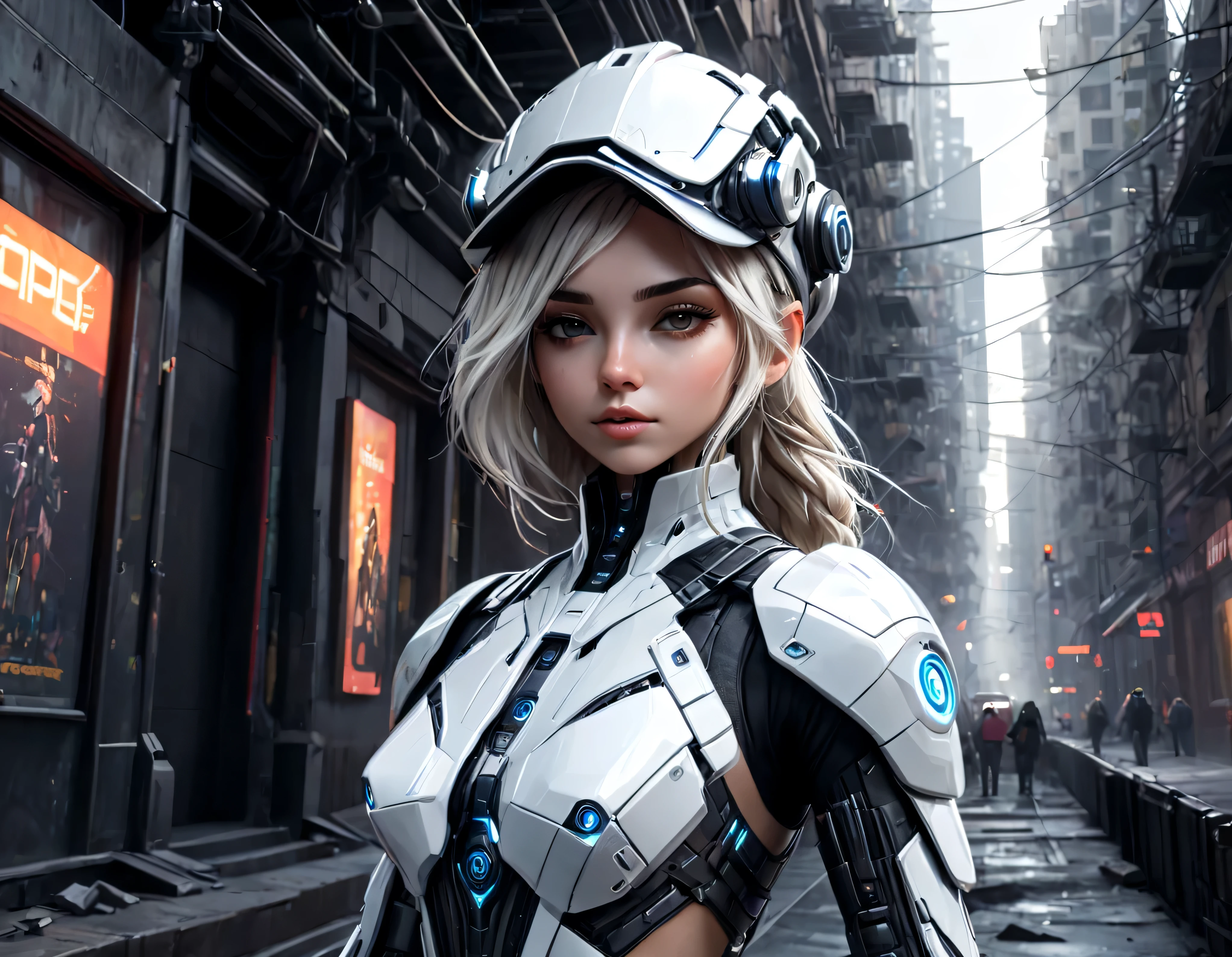  una chica futurista, (cuerpo grueso), (traje blanco), luces en la armadura, Cyber hat, mirar al espectador, dynamic pose, post apocalyptic, fondo de ciudad destruida, edificios en llamas, Science fiction,  (intrincados detalles de la maquina).imagen fotorrealista,nitidez maxima, calidad 8k.(obra maestra de calidad superior).(renderizado 3d). obra maestra de superior calidad.