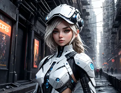  una chica futurista, (cuerpo grueso), (traje blanco), luces en la armadura, Cyber hat, mirar al espectador, dynamic pose, post ...