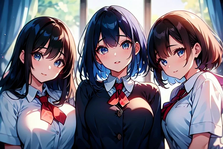 3girls,trio,perfect skin,4k, high resolution,uhd,cowboyshot,pov,beautiful detailed eyes, detailed lips, long eyelashes, bright and vibrant colors, natural lighting,(best quality, highres), ultra-detailed, soft and smooth texture, no distractions, dreamlike sensation, slight bokeh effect,highlighting her figure,deformed and independented breasts,(small breasts:0.5),Skin Gloss,oily skin,Skin Highlights,schooluniform,(undressing:1.3),from below,