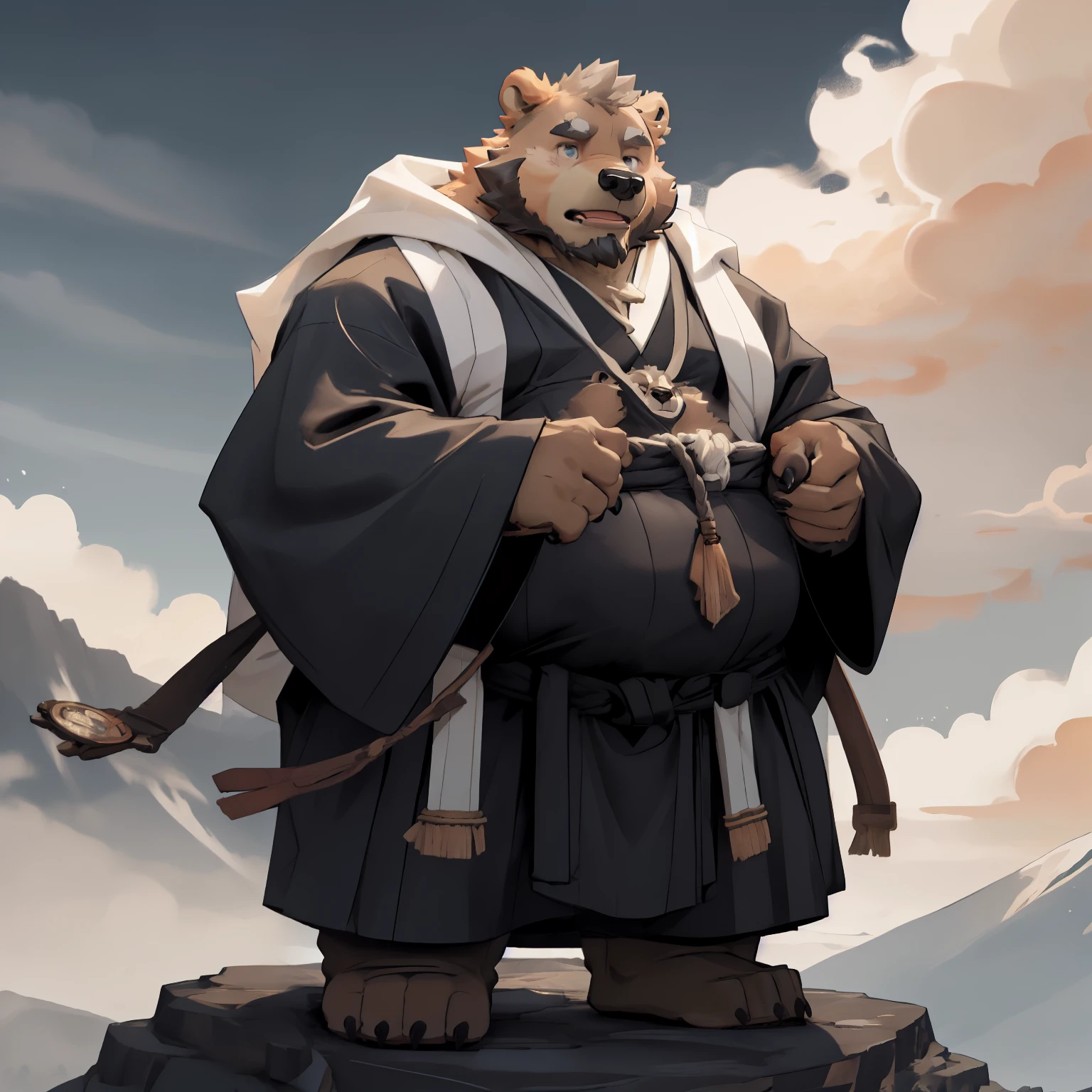 New Jersey 5 Hairy, Bear，Full body portrait of an individual, Middle-aged men,exquisite，round face， chubby，Fat，thick arms，Black plush fur，Mountain Top，Cloud，shrouded in mist，monk，middle aged，Full set of Xian Xia clothing，Taoist robe，Cultivation，Xian Xia，calm，majesty，Heavy beard