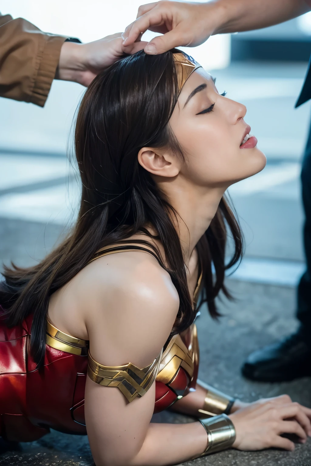from the side,perfect wonder woman costume,crawl on all fours,In the water,sleeping face,Close ~ eyes,open your mouth,tired face,face of suffering,sky face,sleeping face,fight the men,surrounded by men,,caught between men,being tackled by men,Intertwining with men, Attacked by men,assaulted by men,Being bullied by guys,being sexually abused by a man,Captured by a man,Being detained by a man、touch your face,、Hair is pulled hard,My head is grabbed,licked my hair,lick my face,brown hair,  masterpiece、beautiful girl、fine 目、puffy eyes、highest quality, 超High resolution, (reality: 1.4), movie lighting,super beautiful、beautiful skin、(超reality的な)、(High resolution)、(8K)、(very detailed)、(beautiful and fine 目)、(Super detailed)、 detailed face、slanted bangeshi hair、brown hair、20-year-old、Wonder Woman Cosplay，wonder woman tiara