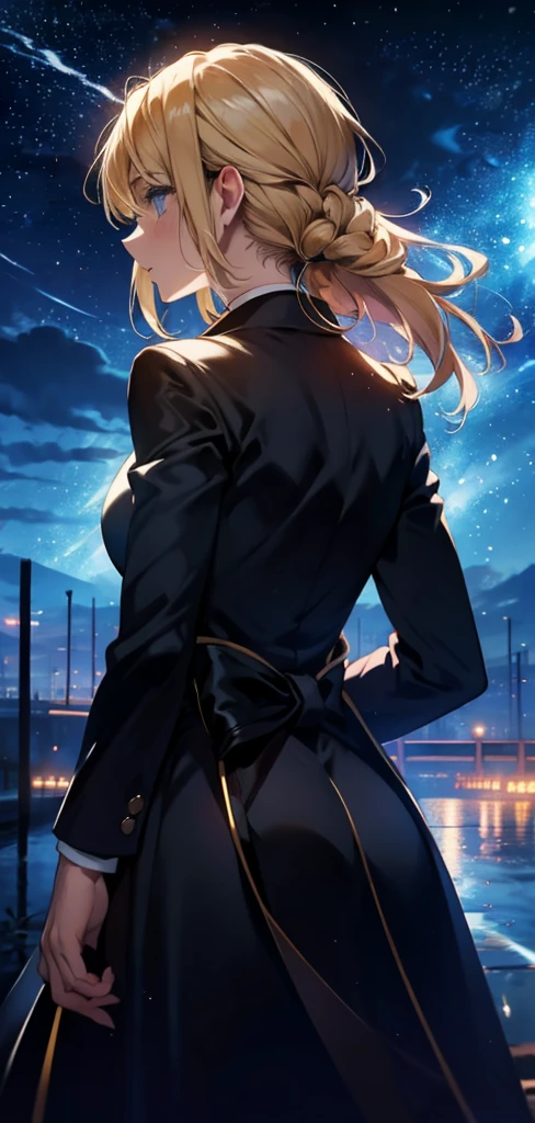 blonde woman，long coat，Rear view，silhouette，starry sky，full moon，