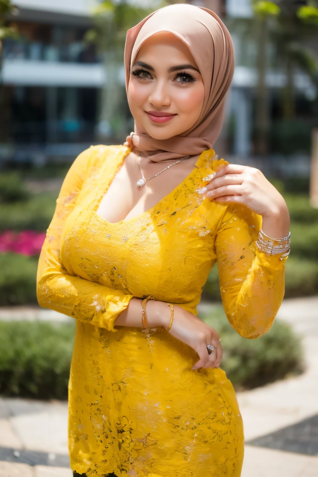 A Close Up Of A Woman In A Yellow Dress Posing For A Picture - Seaart Ai