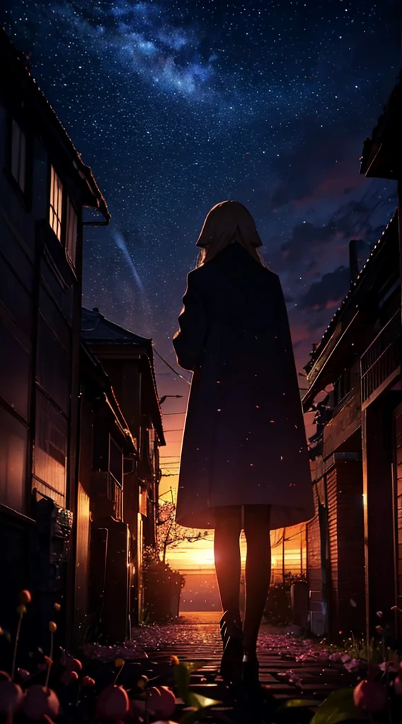 １people々々々々,blonde long hair，long coat，silhouette， Rear view，space sky, milky way, anime style, cherry blossoms，夜cherry blossoms，Cherry blossoms fluttering all around，Night view of the city from the mountainside，