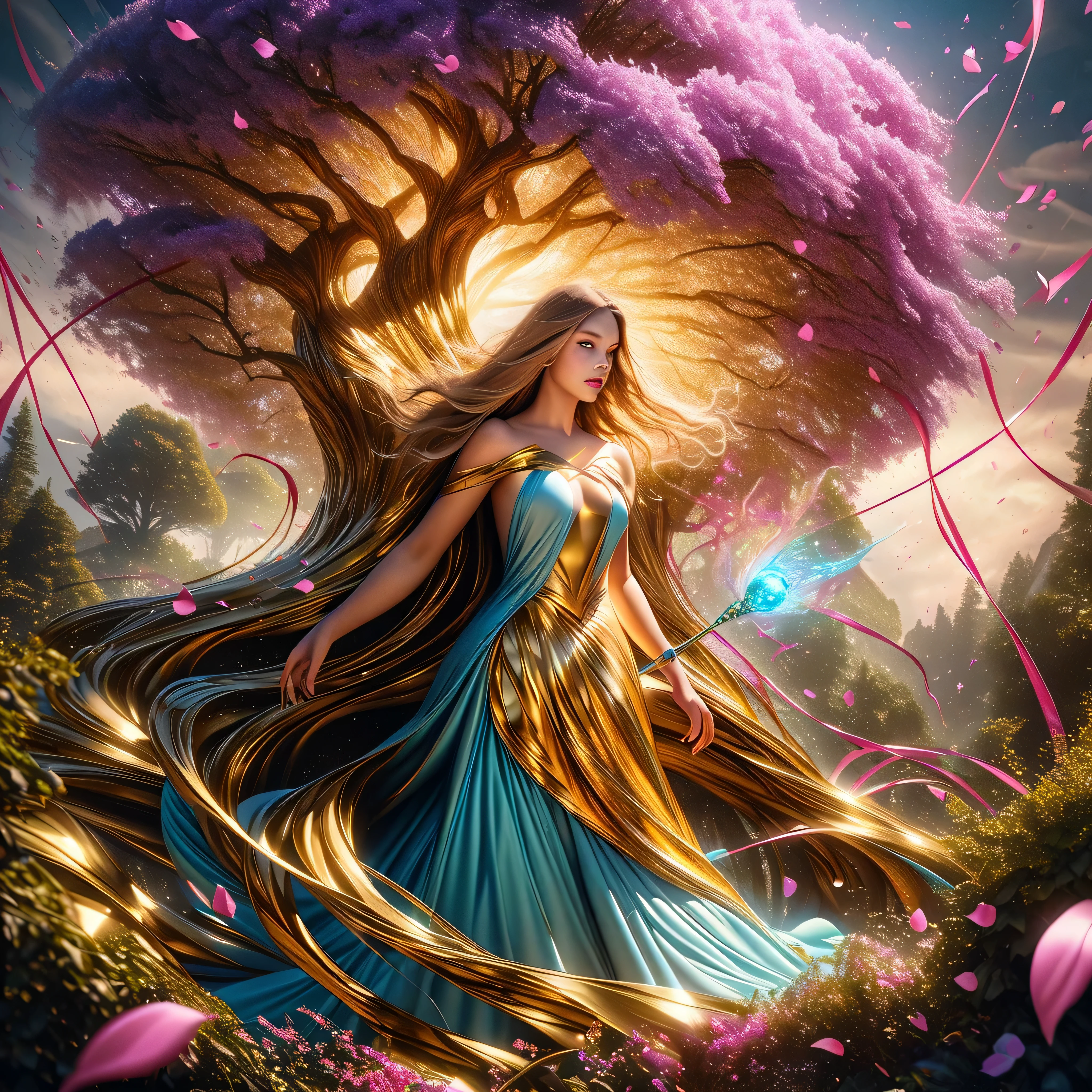photograph, photorealistic, ultra-realistic, intricately detailed, wide angle, fine fractal glossy vivid colored shiny contours outlines of a glass apple with a ("a glowing golden flying female fairy uses her wand to transform a tree to solid gold.") inside, surreal, gradient, windy, petals floating on the wind, swirling ribbons of ink and light. linquivera, liiv1. --v6 --s1000 --c20 --q5 --chaos100