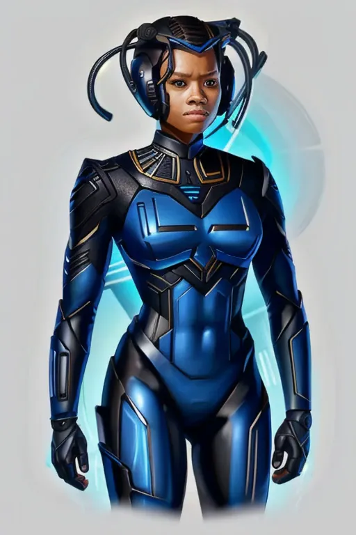 black woman wearing blue sttldunf uniform,jamesdaly artstyle, borg drone