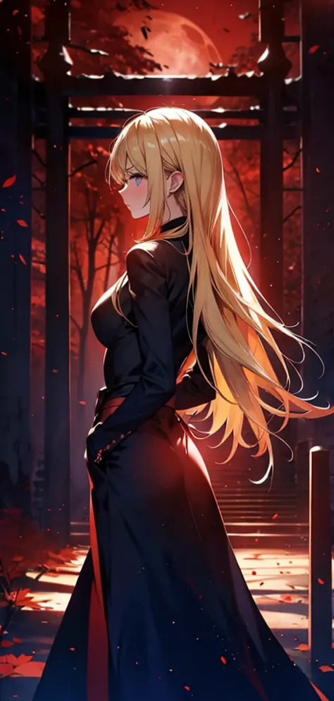 blonde woman，long coat，Rear view，silhouette，sexy body，red forest，Red Moon，Red Night，gate，gateの先に別世界，