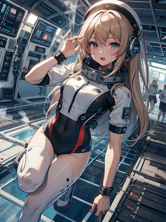 top-quality,Top image quality,in 8K,4K,​masterpiece,ultra-detailliert,Beautiful,ultra-quality, best quality,high resolution, ultra-detailed,game cg,dutch angle,acrobatic pose,jumping,(inside spacestation,)beautiful detailed eyes,five fingers,headphone,nsfw,a beauty girl,(track uniforms),wet,(steam:1.5),Running form,open open mouth,(blonde hair),(long hair):2,Navel,space_station_interior, exercise_room, futuristic, high_technology, zero_gravity_exercise_equipment, high_resolution_landscape, sleek_design, minimalistic, 8K_resolution, game_cg_style, Dutch_angle, detailed_character, track_uniform, perfect_running_form, intense_expression, detailed_eyes, determination, steam:1.5, beauty, strength, five_fingers, visible_navel, open_mouth, ultra_quality, high_resolution, ultra_detailed,astrovest