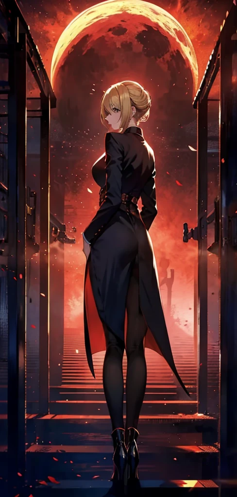 blonde woman，long coat，Rear view，silhouette，sexy body，red forest，Red Moon，Red Night，Gate，Gateの先に別世界，