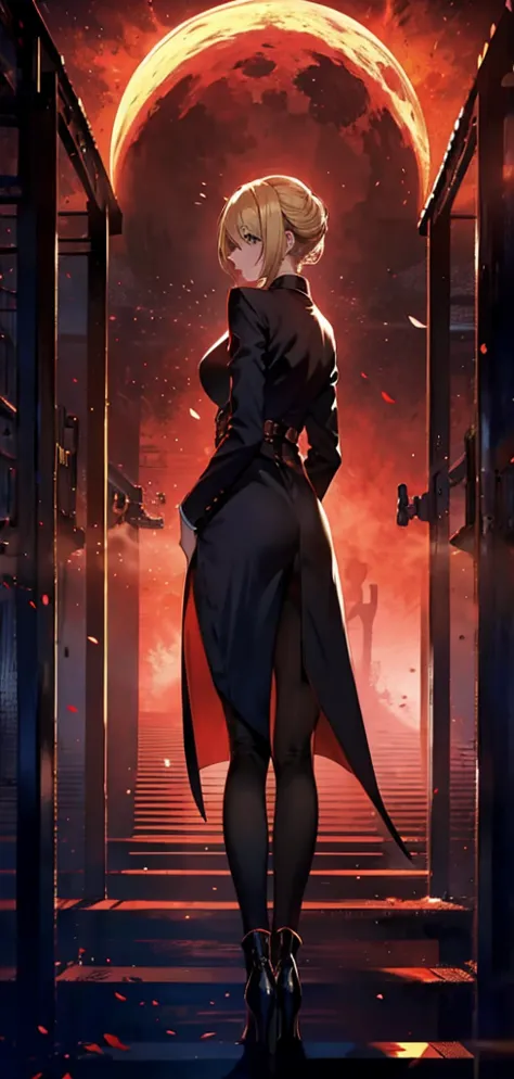 blonde woman，long coat，rear view，silhouette，sexy body，red forest，red moon，red night，gate，gateの先に別世界，