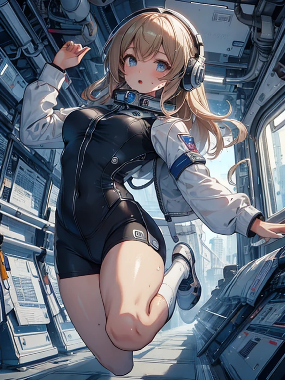top-quality,Top image quality,in 8K,4K,​masterpiece,ultra-detailliert,Beautiful,ultra-quality, best quality,high resolution, ultra-detailed,game cg,dutch angle,acrobatic pose,jumping,(inside spacestation,)beautiful detailed eyes,five fingers,headphone,nsfw,a beauty girl,(track uniforms),wet,(steam:1.5),Running form,open open mouth,(blonde hair),(long hair):2,Navel,space_station_interior, exercise_room, futuristic, high_technology, zero_gravity_exercise_equipment, high_resolution_landscape, sleek_design, minimalistic, 8K_resolution, game_cg_style, Dutch_angle, detailed_character, track_uniform, perfect_running_form, intense_expression, detailed_eyes, determination, steam:1.5, beauty, strength, five_fingers, visible_navel, open_mouth, ultra_quality, high_resolution, ultra_detailed,astrovest