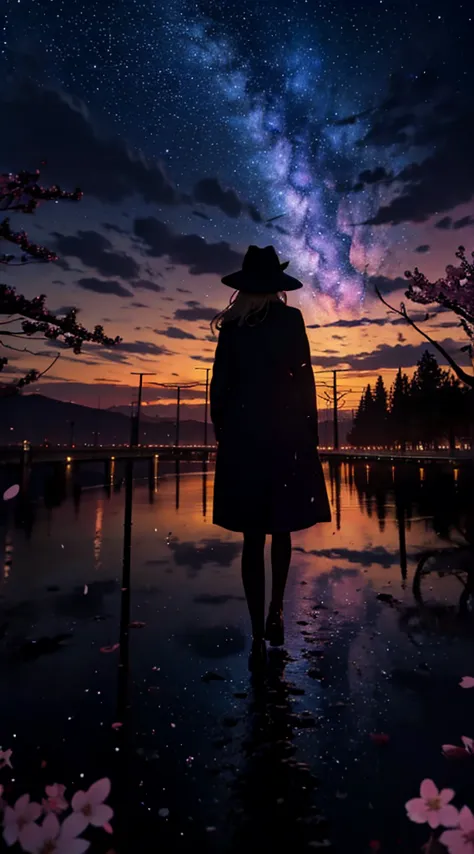 １people々々々々々々,blonde long hair，long coat，silhouette， Rear view，space sky, milky way, anime style, cherry blossoms，夜cherry blosso...