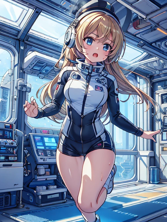 top-quality,Top image quality,in 8K,4K,​masterpiece,ultra-detailliert,Beautiful,ultra-quality, best quality,high resolution, ultra-detailed,game cg,dutch angle,acrobatic pose,jumping,(inside spacestation,)beautiful detailed eyes,five fingers,headphone,nsfw,a beauty girl,(track uniforms),wet,(steam:1.5),Running form,open open mouth,(blonde hair),(long hair):2,Navel,space_station_interior, exercise_room, futuristic, high_technology, zero_gravity_exercise_equipment, high_resolution_landscape, sleek_design, minimalistic, 8K_resolution, game_cg_style, Dutch_angle, detailed_character, track_uniform, perfect_running_form, intense_expression, detailed_eyes, determination, steam:1.5, beauty, strength, five_fingers, visible_navel, open_mouth, ultra_quality, high_resolution, ultra_detailed,astrovest