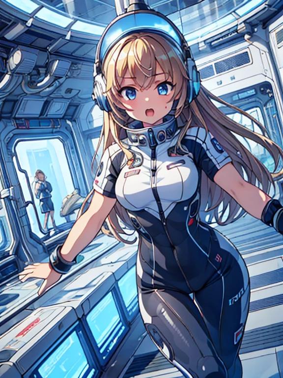 top-quality,Top image quality,in 8K,4K,​masterpiece,ultra-detailliert,Beautiful,ultra-quality, best quality,high resolution, ultra-detailed,game cg,dutch angle,acrobatic pose,jumping,(inside spacestation,)beautiful detailed eyes,five fingers,headphone,nsfw,a beauty girl,(track uniforms),wet,(steam:1.5),Running form,open open mouth,(blonde hair),(long hair):2,Navel,space_station_interior, exercise_room, futuristic, high_technology, zero_gravity_exercise_equipment, high_resolution_landscape, sleek_design, minimalistic, 8K_resolution, game_cg_style, Dutch_angle, detailed_character, track_uniform, perfect_running_form, intense_expression, detailed_eyes, determination, steam:1.5, beauty, strength, five_fingers, visible_navel, open_mouth, ultra_quality, high_resolution, ultra_detailed,astrovest