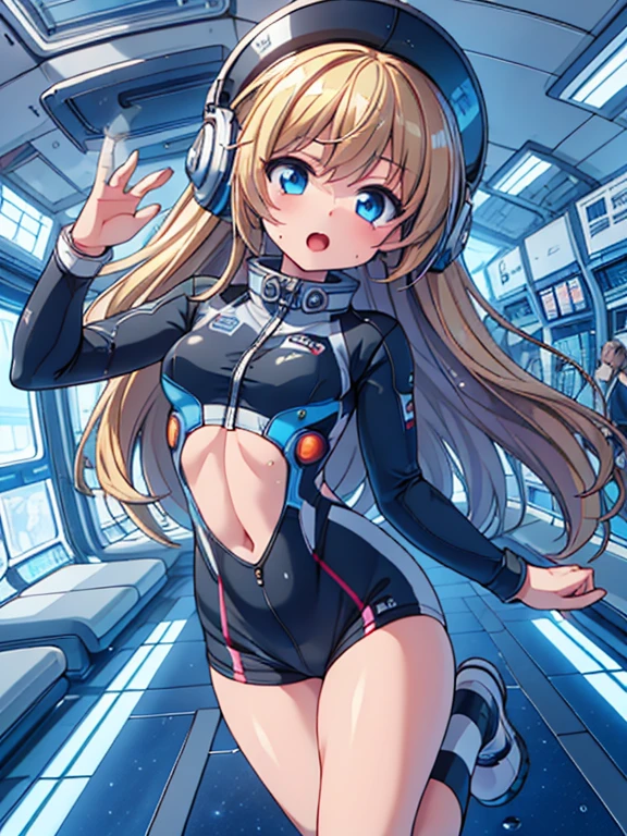 top-quality,Top image quality,in 8K,4K,​masterpiece,ultra-detailliert,Beautiful,ultra-quality, best quality,high resolution, ultra-detailed,game cg,dutch angle,acrobatic pose,jumping,(inside spacestation,)beautiful detailed eyes,five fingers,headphone,nsfw,a beauty girl,(track uniforms),wet,(steam:1.5),Running form,open open mouth,(blonde hair),(long hair):2,Navel,space_station_interior, exercise_room, futuristic, high_technology, zero_gravity_exercise_equipment, high_resolution_landscape, sleek_design, minimalistic, 8K_resolution, game_cg_style, Dutch_angle, detailed_character, track_uniform, perfect_running_form, intense_expression, detailed_eyes, determination, steam:1.5, beauty, strength, five_fingers, visible_navel, open_mouth, ultra_quality, high_resolution, ultra_detailed,astrovest