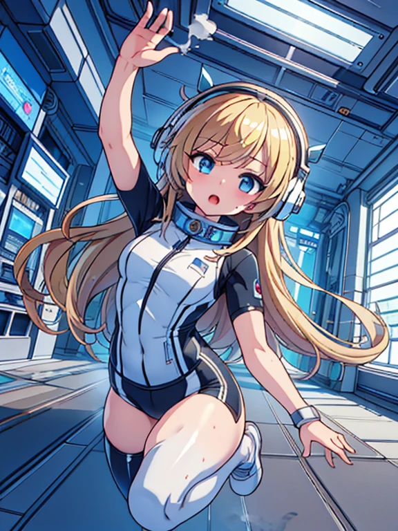 top-quality,Top image quality,in 8K,4K,​masterpiece,ultra-detailliert,Beautiful,ultra-quality, best quality,high resolution, ultra-detailed,game cg,dutch angle,acrobatic pose,jumping,(inside spacestation,)beautiful detailed eyes,five fingers,headphone,nsfw,a beauty girl,(track uniforms),wet,(steam:1.5),Running form,open open mouth,(blonde hair),(long hair):2,Navel,space_station_interior, exercise_room, futuristic, high_technology, zero_gravity_exercise_equipment, high_resolution_landscape, sleek_design, minimalistic, 8K_resolution, game_cg_style, Dutch_angle, detailed_character, track_uniform, perfect_running_form, intense_expression, detailed_eyes, determination, steam:1.5, beauty, strength, five_fingers, visible_navel, open_mouth, ultra_quality, high_resolution, ultra_detailed,astrovest