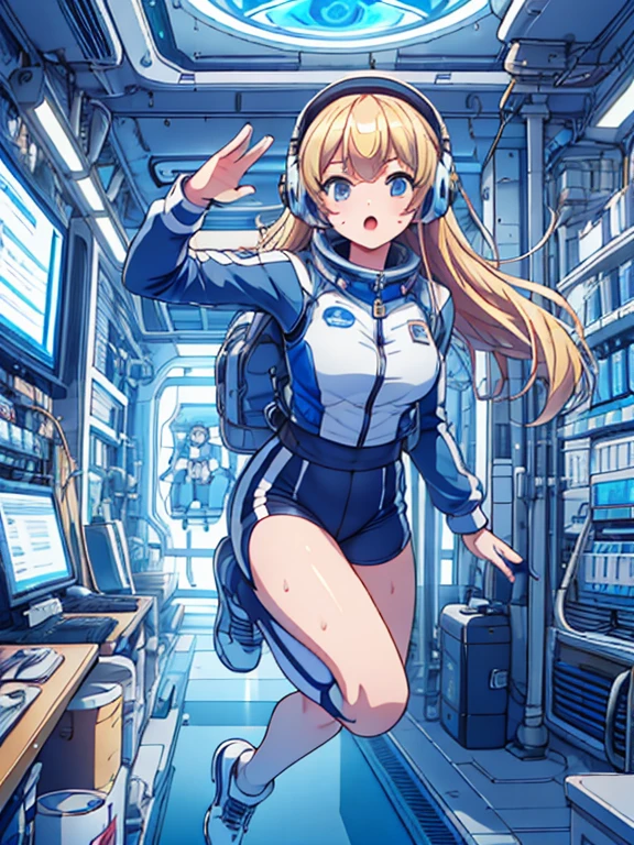 top-quality,Top image quality,in 8K,4K,​masterpiece,ultra-detailliert,Beautiful,ultra-quality, best quality,high resolution, ultra-detailed,game cg,dutch angle,(acrobatic pose):5,jumping:5,(inside spacestation,)beautiful detailed eyes,five fingers,headphone,nsfw,a beauty girl,(astrovest):5,(track uniforms),wet,(steam:1.5),Running form,open open mouth,(blonde hair),(long hair):2,Navel,space_station_interior, exercise_room, futuristic, high_technology, zero_gravity_exercise_equipment, high_resolution_landscape, sleek_design, minimalistic, 8K_resolution, game_cg_style, Dutch_angle, detailed_character, track_uniform, perfect_running_form, intense_expression, detailed_eyes, determination, steam:1.5, beauty, strength, five_fingers, visible_navel, open_mouth, ultra_quality, high_resolution, ultra_detailed,astrovest