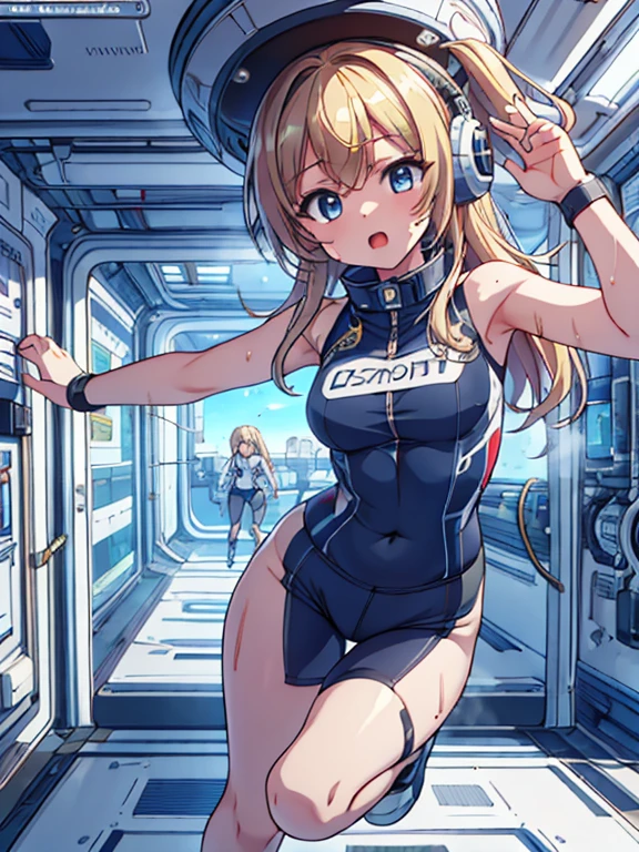 top-quality,Top image quality,in 8K,4K,​masterpiece,ultra-detailliert,Beautiful,ultra-quality, best quality,high resolution, ultra-detailed,game cg,dutch angle,(acrobatic pose):5,jumping:5,(inside spacestation,)beautiful detailed eyes,five fingers,headphone,nsfw,a beauty girl,(astrovest):5,(track uniforms),wet,(steam:1.5),Running form,open open mouth,(blonde hair),(long hair):2,Navel,space_station_interior, exercise_room, futuristic, high_technology, zero_gravity_exercise_equipment, high_resolution_landscape, sleek_design, minimalistic, 8K_resolution, game_cg_style, Dutch_angle, detailed_character, track_uniform, perfect_running_form, intense_expression, detailed_eyes, determination, steam:1.5, beauty, strength, five_fingers, visible_navel, open_mouth, ultra_quality, high_resolution, ultra_detailed,astrovest