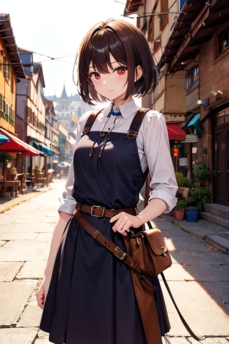 17 year old female、cute、Brown short bob hair、red eyes、Town Girl's Clothes、A wooden sword hangs from a belt、Florist in Medieval E...
