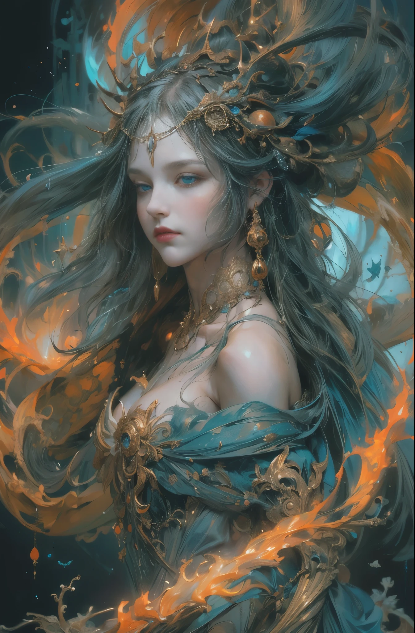 orange tone, spirit of flame, burning flame, goddess of fire, Raging flames, Raging flames, 4K fantasy art, Written by Gene Jay., fantasy art style, 2. 5D CGI Anime Fantasy Artwork, epic fantasy art style hd, Epic fantasy digital art style, detailed fantasy art, Detailed digital 2D fantasy art, Luan Jia and Artgerm, 8K fantasy art, sharp outline, very fine and beautiful eyes, Beautiful and delicate blue eyes, pretty much beautiful face, unparalleled beauty, masterpiece, highest quality, perfect angle, perfect composition, best shot, official art, cinematic light, very beautiful and fantastic scenery, chivalry dream, sense of presence, Michael&#39;S letter, Christoph Huge 、Ultra-precision coating, Luminousism, art by Carne Griffiths and What a bone concept art, 4K resolution, Fractal isometricdetailed bioluminescence , 3D rendering, octane rendering, intricately detailed , cinematic, Trending isometric surreal cover photos、art station&#39;amazing full color, handwritten, Defining a hit , cinematic,amazing background, abstract beauty,stand, approaching perfection, pure form, golden ratio, minimalistic, unfinished, concept art, Written by Brian Froud、khan griffith、What a bone、john william waterhouse, intricate details, 8K post production, High resolution, hyper detail, art stationのトレンド, studio photography, intricate details, Extremely delicate and detailed painting style, Beautiful painting art, greg latkowski, close, women only