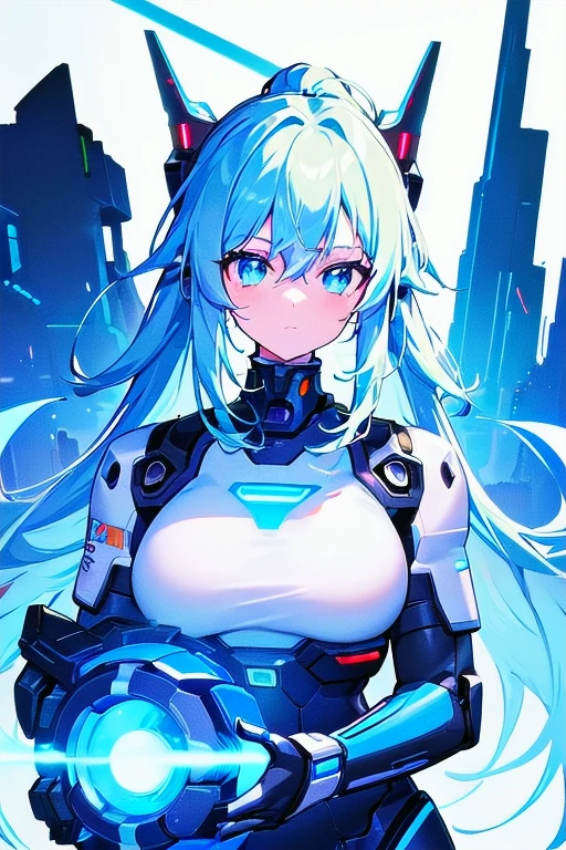 [(WHITE BACKGROUND:1.5),::5],  ((((masterpiece)))), high quality, very_high_resolution, large_filesize, full color, ((cyborg girl)), 15 old year, upper body, neon color hair, (neon light mecha musume:1.2), vivid color, neon color eye, civilian clothes white, blue head gear, anime, dragonArmor, mechanic dragon Tail, dragon wing