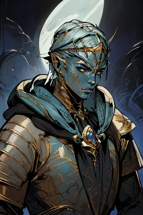 crusader, full detailed beautiful armor, ((elegant headdress over hood)), blue skin, ((scars around mouth)), fantasy, SCI-FI, mu...