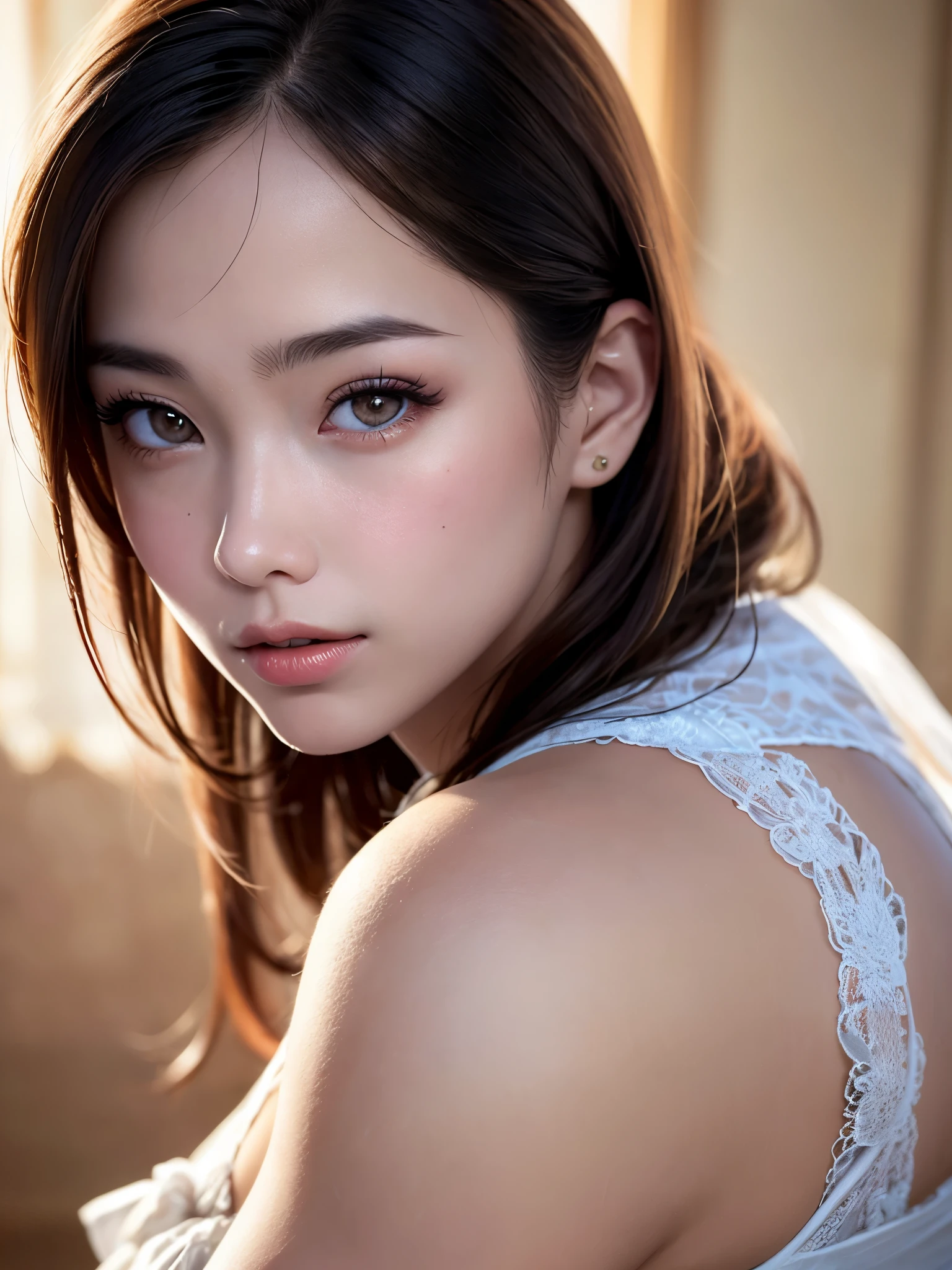 A woman posing in a white dress and a purple line dress、Idol singer、23 years old、（Natural and detailed face standing、beautiful and detailed eyes、beautiful and dense lips、very detailed eyes、detailed face、long eyelashes）（8K resolution）、High resolution、masterpiece：1.2 )、Super detailed、(real、photorealistic、photorealistic: 1.37)、princess cut、Belle Delphine、dress、8K、fantastic lighting、bright colors、squatting down