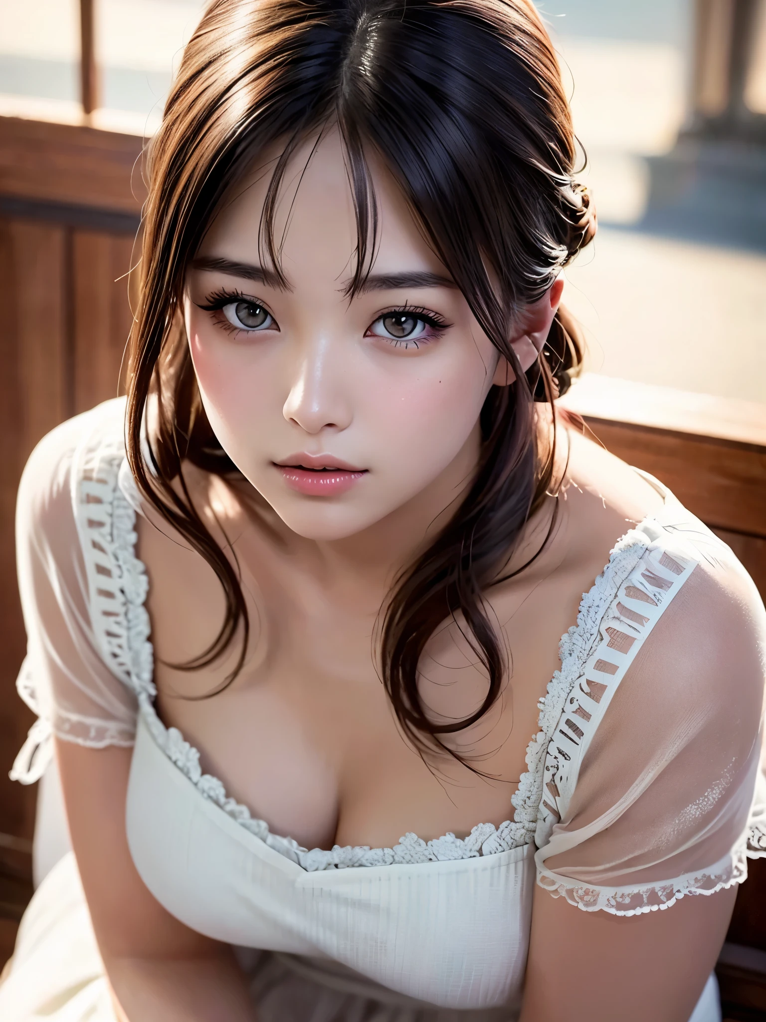 A woman posing in a white dress and a purple line dress、Idol singer、23 years old、（Natural and detailed face standing、beautiful and detailed eyes、beautiful and dense lips、very detailed eyes、detailed face、long eyelashes）（8K resolution）、High resolution、masterpiece：1.2 )、Super detailed、(real、photorealistic、photorealistic: 1.37)、princess cut、Belle Delphine、dress、8K、fantastic lighting、bright colors、squatting down
