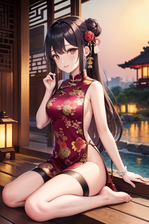 best quality,official art,Extremely detailed CG unified 8k wallpaper, (Wide-angle lens),1 girl, (Meiyu Edelfeldt),,black hair,brown eyes,seductive smile,National Science Foundation, barefoot, see through dress, Butterfly, Butterfly hair accessories, backless dress, Chinese clothes,sleeveless, twice as good,Golden dragon pattern,barefoot,full moon,Elbow gloves,bun, hair accessories,jewelry,earrings,Bead Anklet,thin legs,nail polish, medium breasts, alone, toenail polish, toe甲, toe, Double tail,outdoor,Chinese style architecture, Chinese style, lake, ancient town, Beautiful and detailed water,red lantern,fireworks,