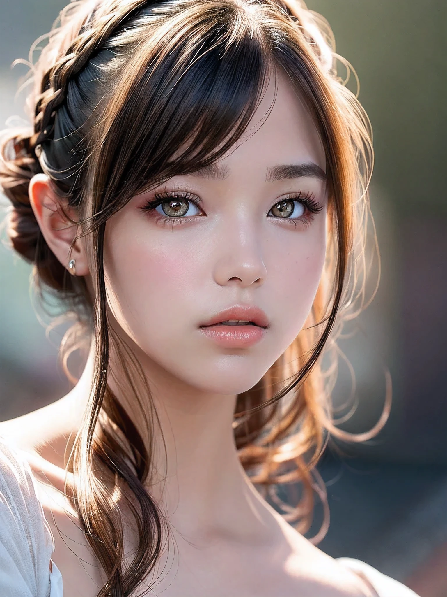 A woman posing in a white dress and a purple line dress、idol singer、2、stage、（Natural and detailed face standing、beautiful and detailed eyes、beautiful and dense lips、very detailed eyes、detailed face、long eyelashes）（8K resolution）、High resolution、masterpiece：1.2 )、Super detailed、bob hair、(real、photorealistic、photorealistic: 1.37)、princess cut、belle delphine、dress、8K、fantastic lighting、bright colors、