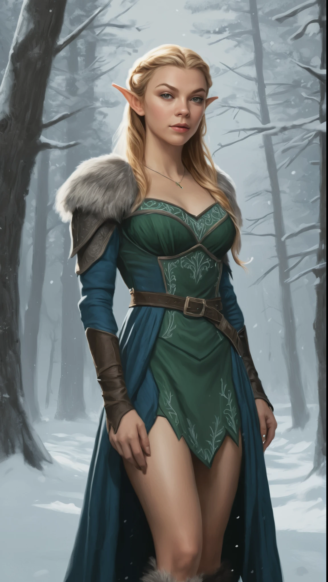 An illustrated movie poster, hand-drawn, full color, a teenage elven girl, wearing a Yule dress, resembles Natalie Dormer, sun-tanned complexion, very tall, athletic body, hourglass figure, curvy, toned midriff, bottom-heavy, generous hips, massive bubble-butt, long legs, ridiculously thick powerful thighs, long pointy elf ears, blonde hair, long loose waves, posing in a snowy boreal forest, hard shadows, graphite shading, stencil marks, airbrushed acrylic paint, masterpiece, in the style of Skyrim 